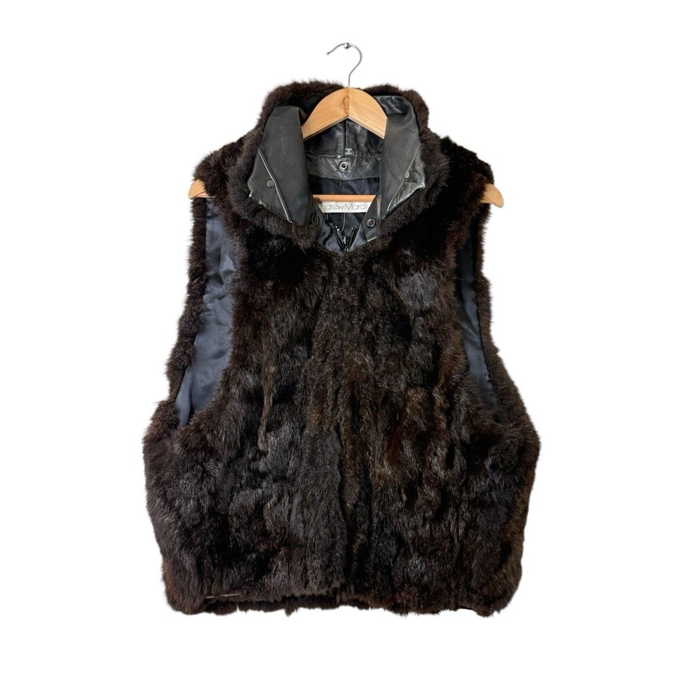VTG Andrew Marc New Zealand Opossum Fur Vest Leather Women's M Brown Full Zip